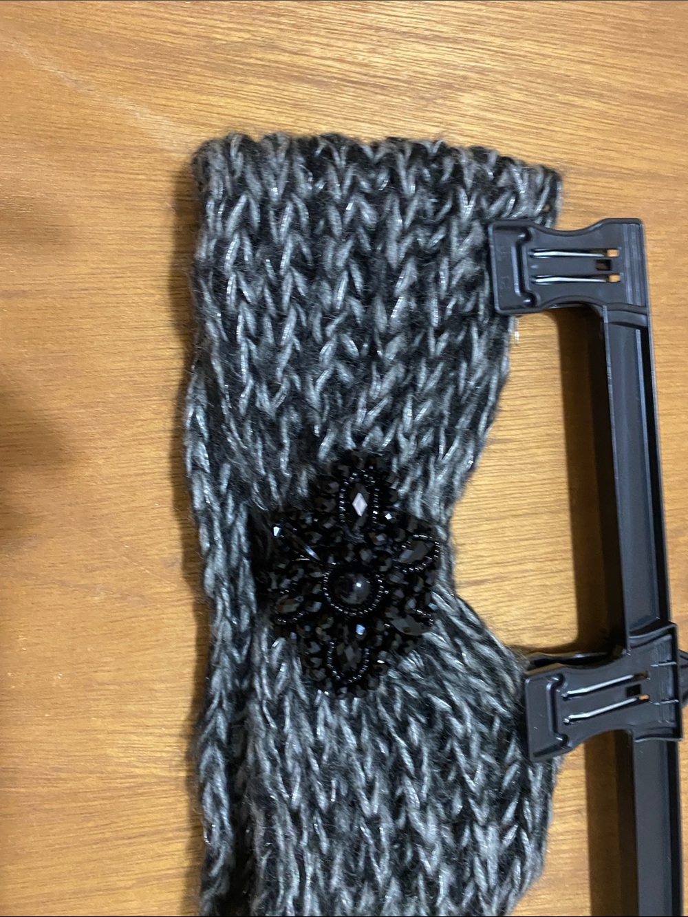 Knit Black & Gray Headband with Decorative Jet Black Brooch